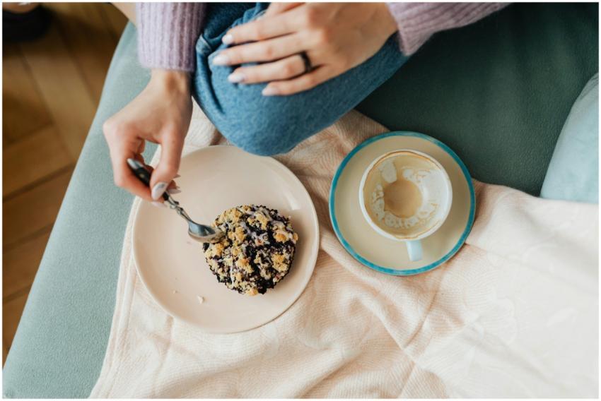 Overhead view of a cozy breakfast scene with a ber