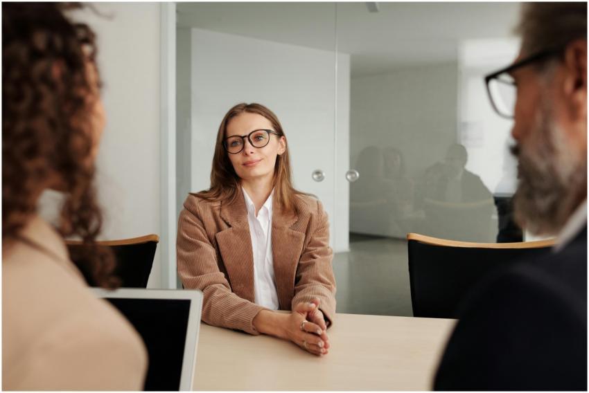 Young woman attending a job interview in a modern