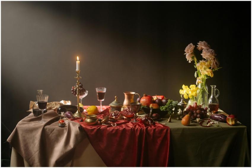 Luxurious candlelit dinner table with fruits, red