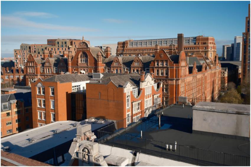 Stunning aerial view of historic red brick buildin