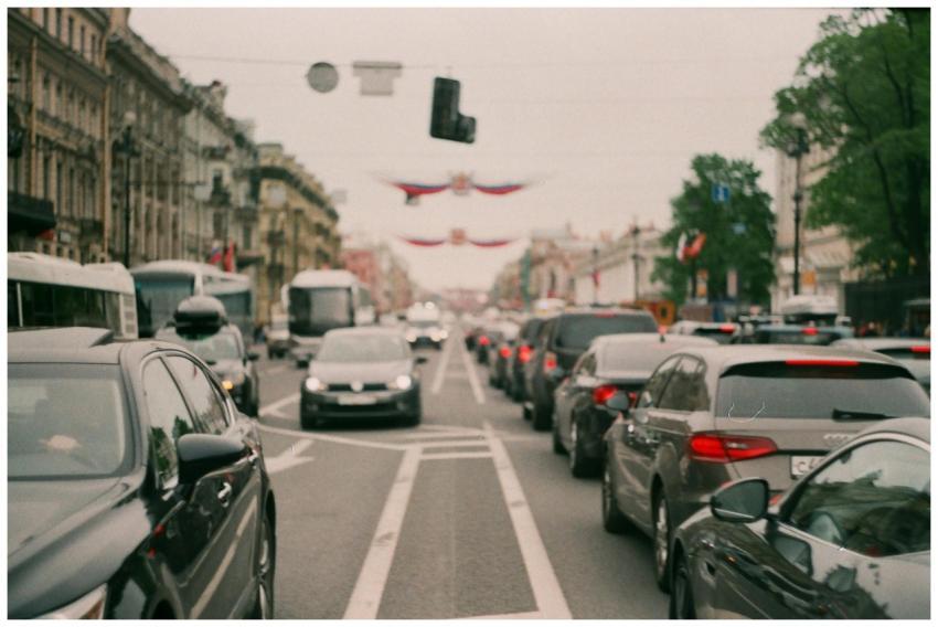 Long line of cars forming a heavy traffic jam in a