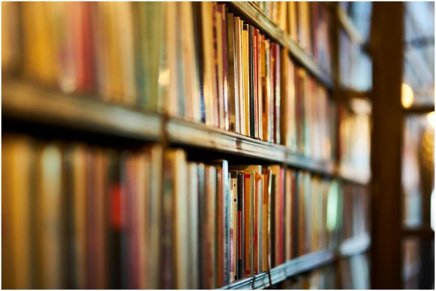 Close-up view of library shelves filled with books