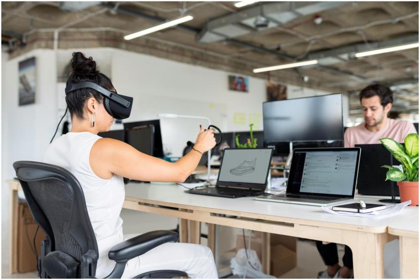 Woman using virtual reality headset in a modern of
