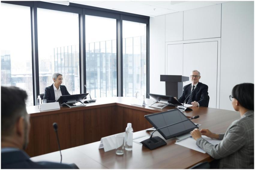 Business professionals in a board meeting in a mod