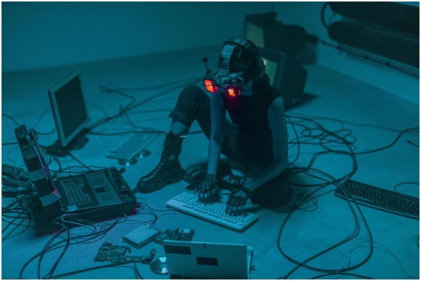 A woman in VR gear surrounded by computers and cab