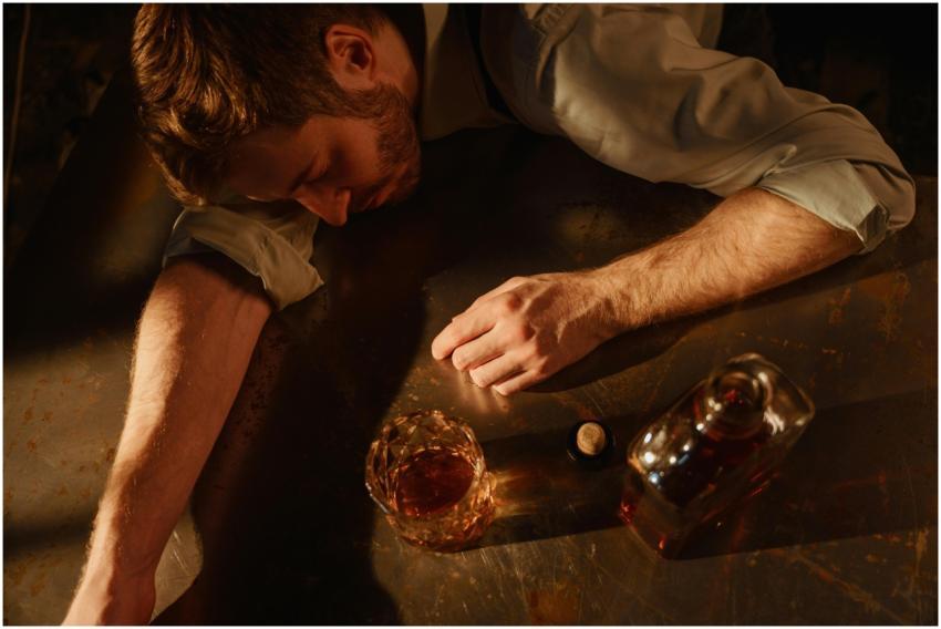 A man sleeps on a table with a whiskey glass and b