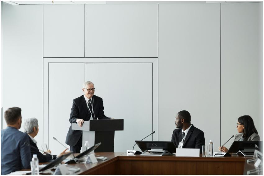 Formal business meeting with a diverse group and s