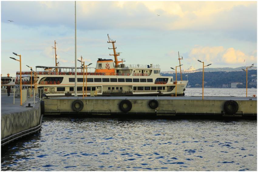 A classic ferry docked at Karaköy with the Bosphor