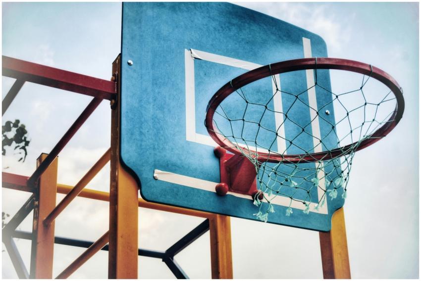 Close-up of an outdoor basketball hoop against a b