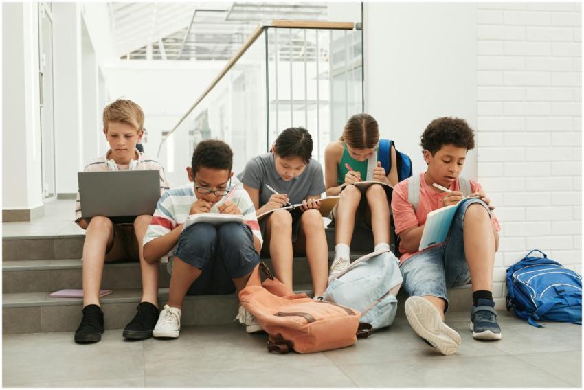 A group of school students sitting in a hallway, f