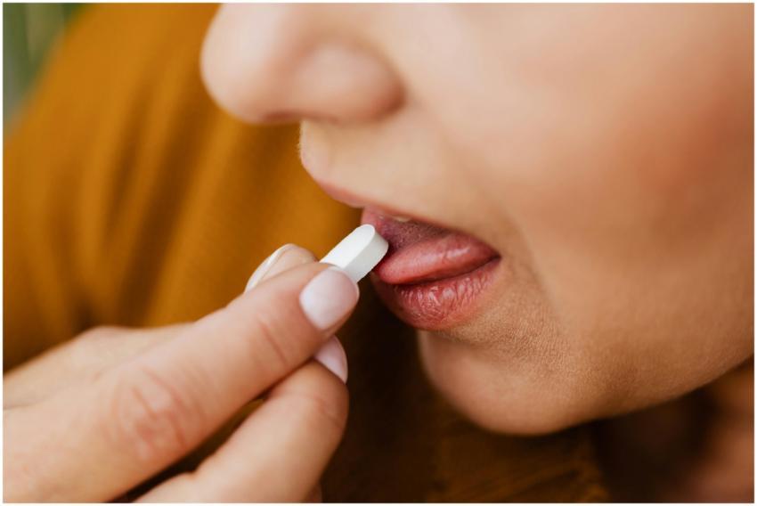 Close-up image of a woman taking a pill, emphasizi