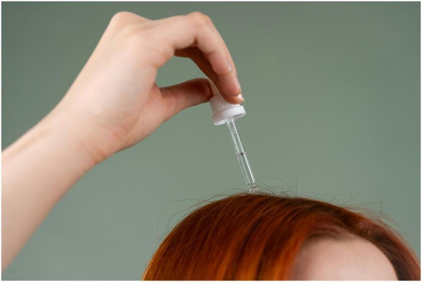 Close-up of hand applying hair serum on red hair w