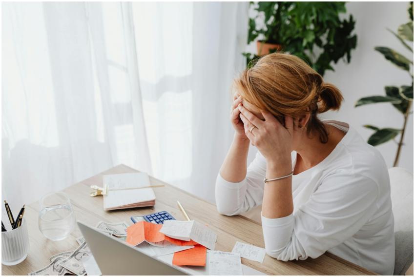 Woman stressed over financial receipts at a desk,