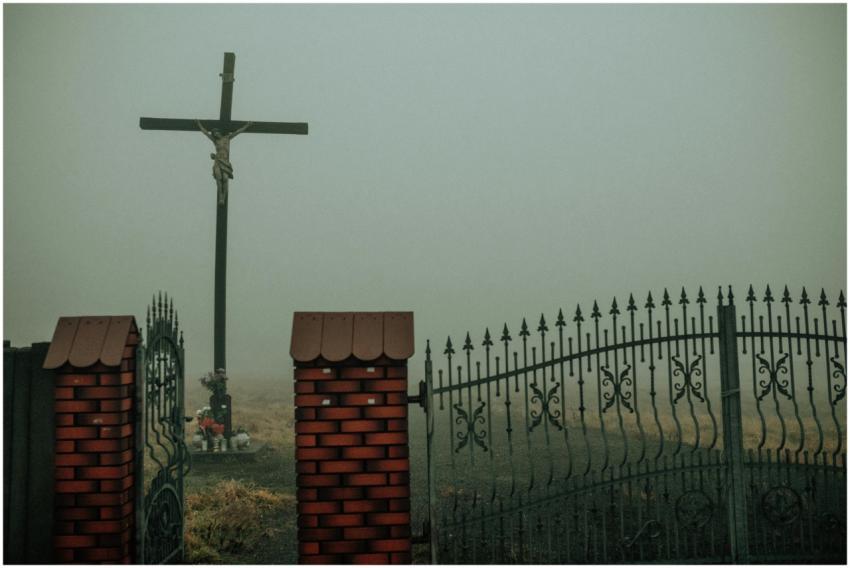 A cross stands behind an intricate gate enveloped