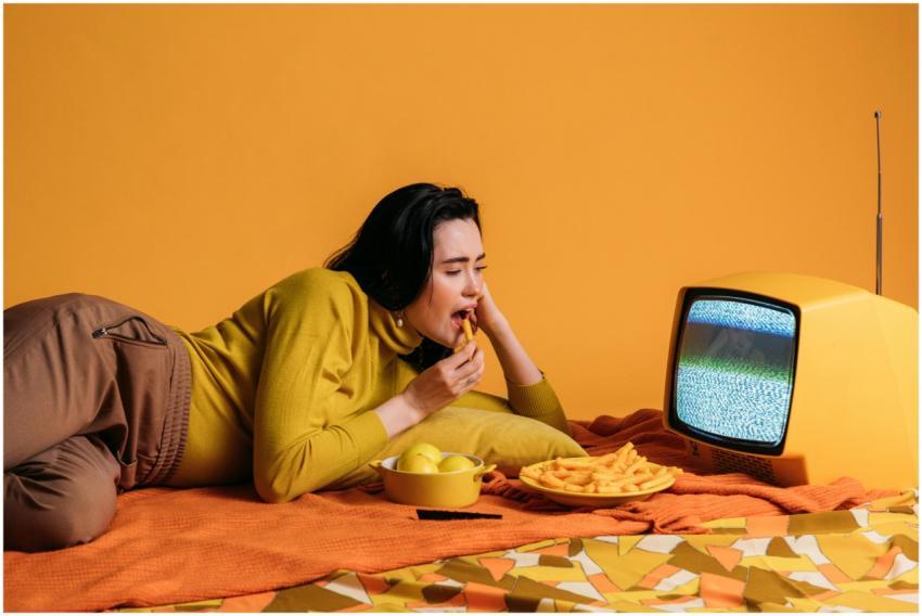 Woman dining on snacks while watching a vintage TV