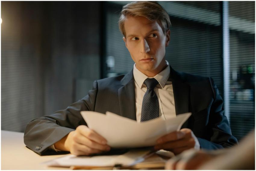 Businessman in suit reviews documents at a desk in