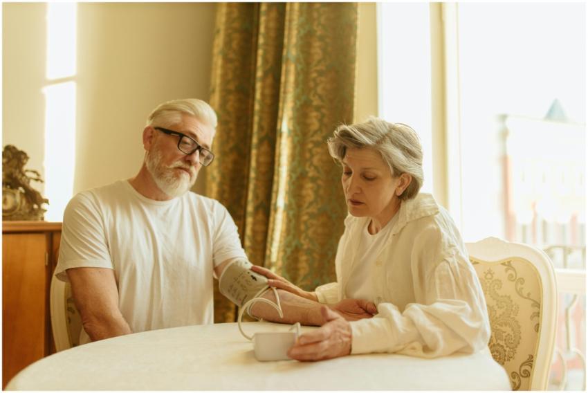 An elderly couple at home measuring blood pressure