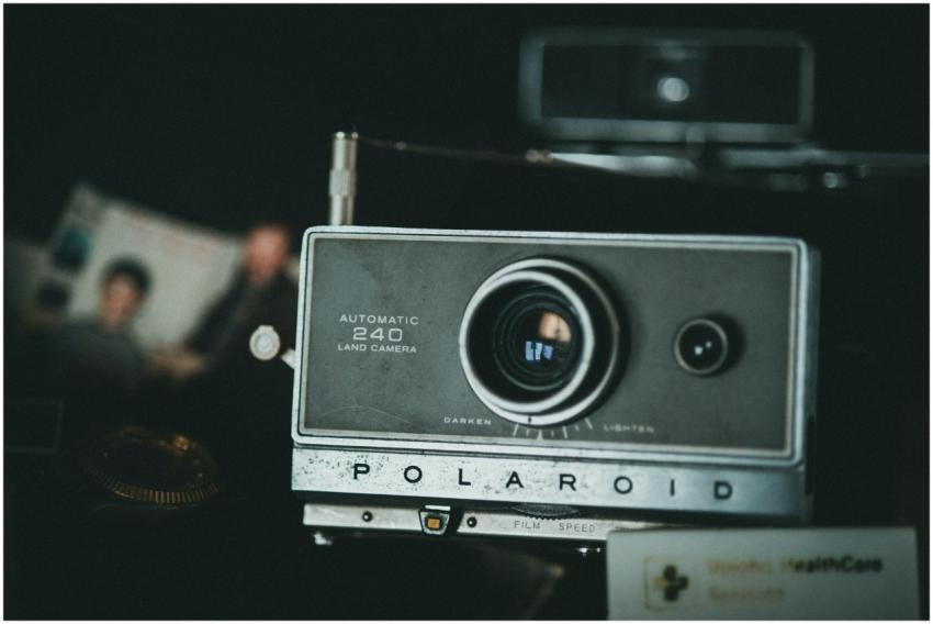 Close-up of a vintage Polaroid 240 Land Camera wit