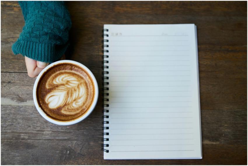 Flat lay of a coffee cup with latte art next to a
