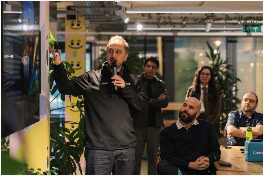 A presenter delivers a business presentation in a