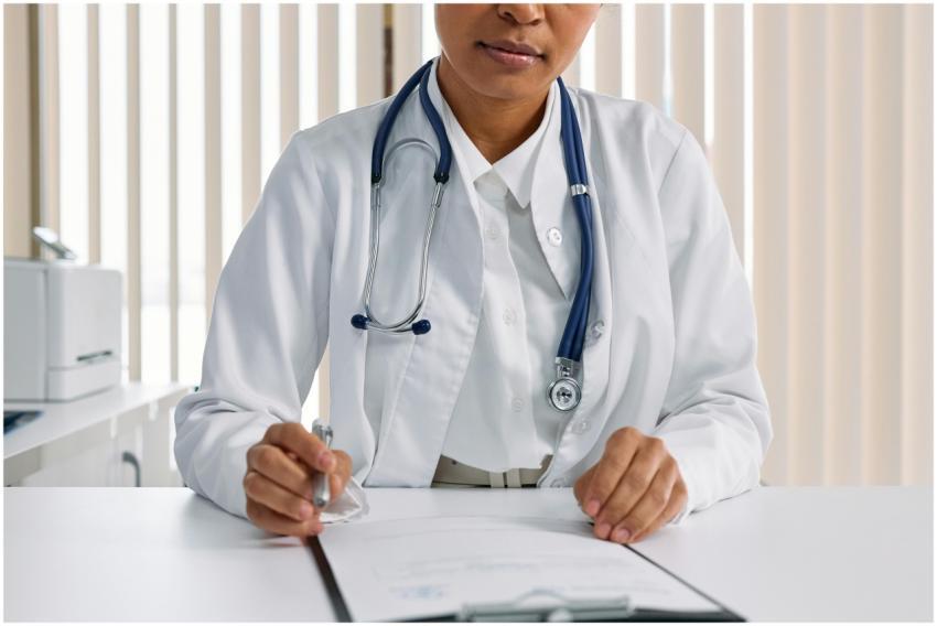 A focused doctor with stethoscope recording patien