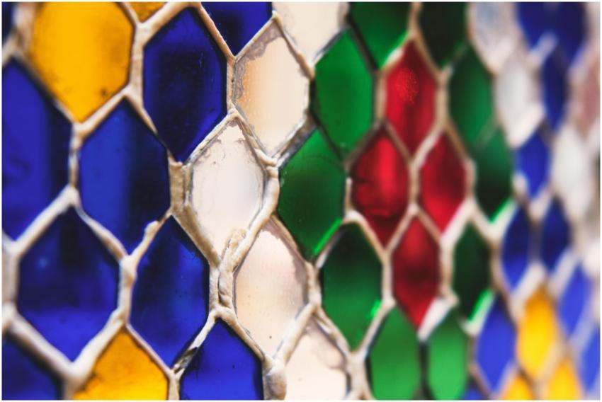 Close-up of a colorful honeycomb stained glass pat