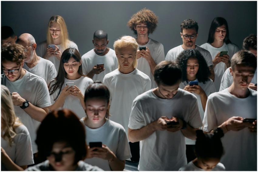 A diverse group of people focused on smartphones i