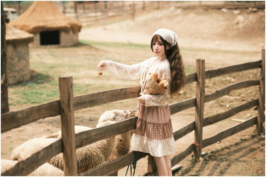 A young woman in vintage attire feeds sheep on a s