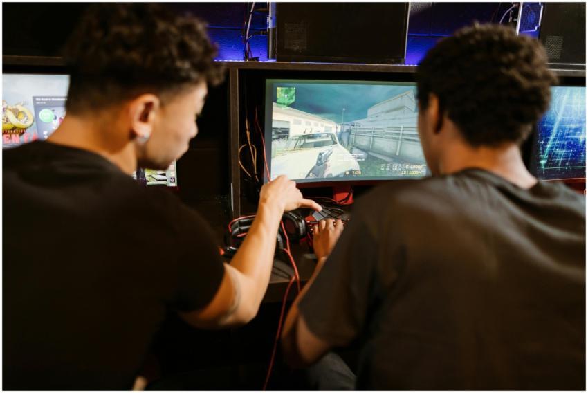 Two young men playing a multiplayer computer game