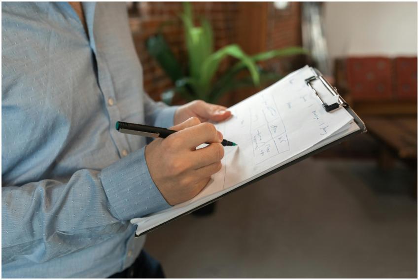A person in blue shirt writes with a pen on a clip