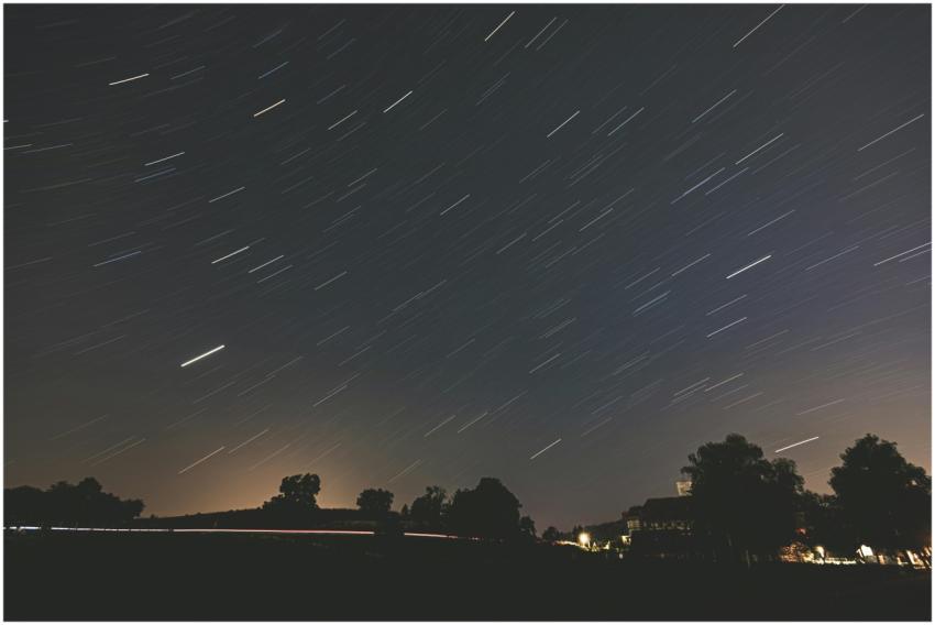Long exposure capture of star trails over trees in