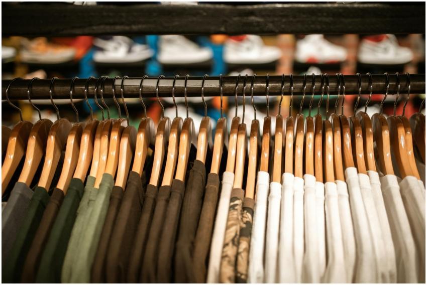 Row of colorful shirts on hangers in a clothing st