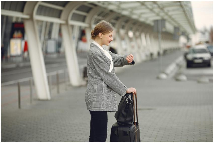 Woman in gray jacket checking wristwatch at statio