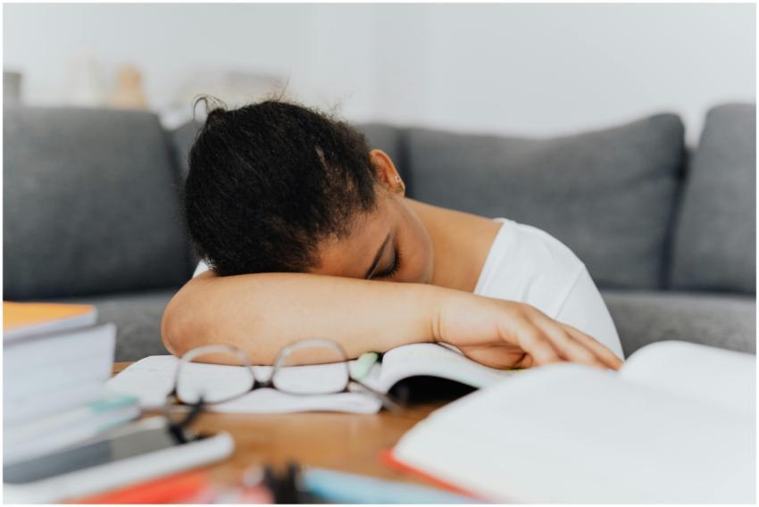 A student falls asleep while studying at home, lea