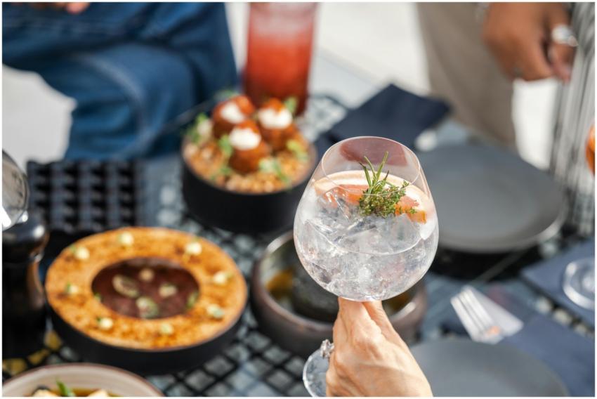 A refreshing gin and tonic cocktail garnished with