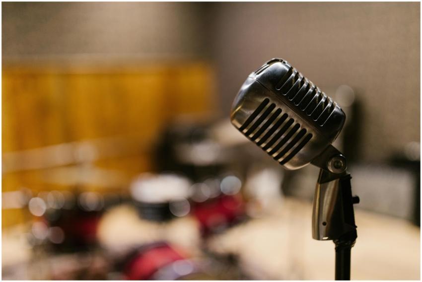 Close-up of a vintage microphone in a music studio