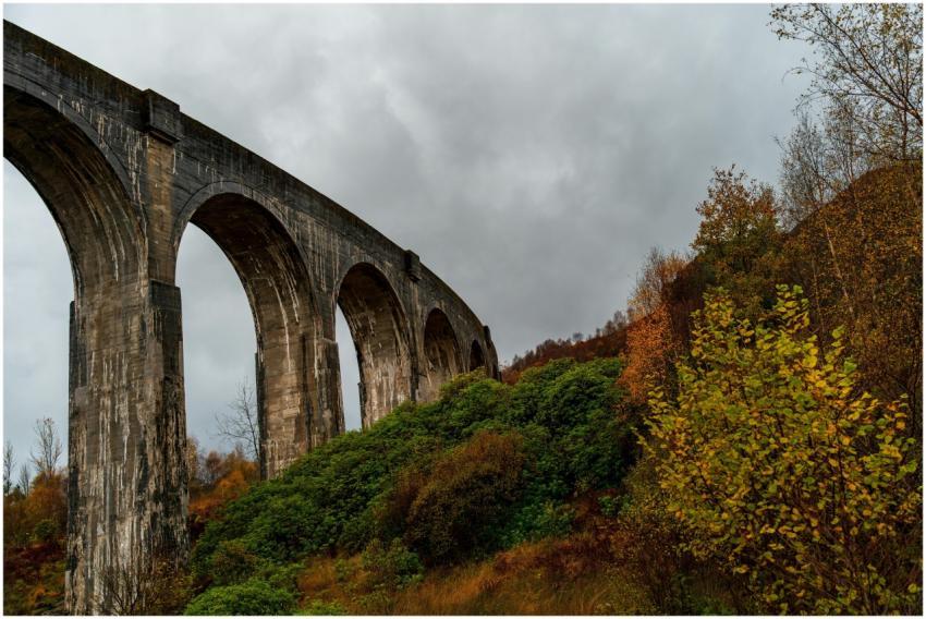 Stunning view of a stone viaduct over lush autumn