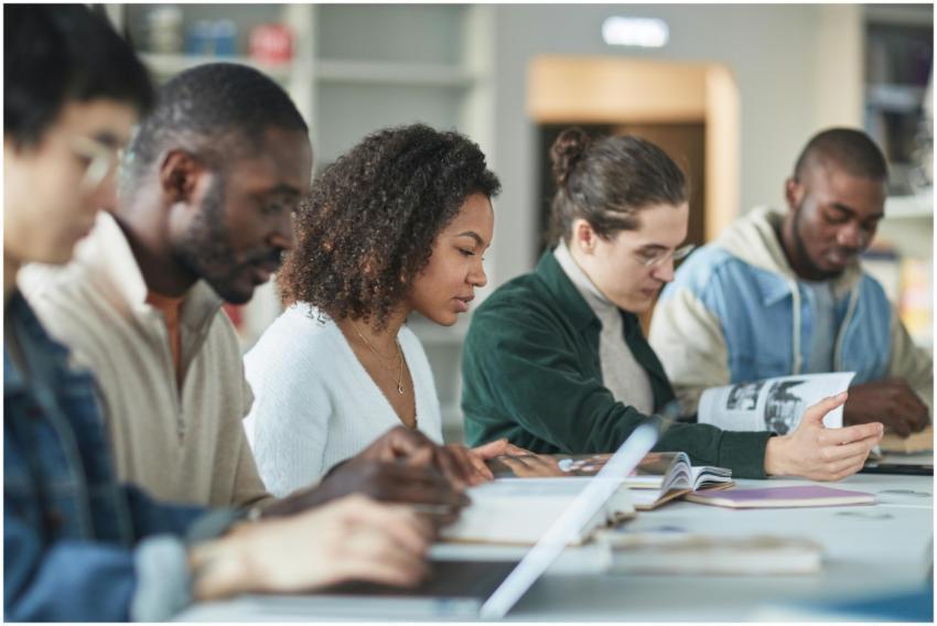 Multiracial group of college students studying tog