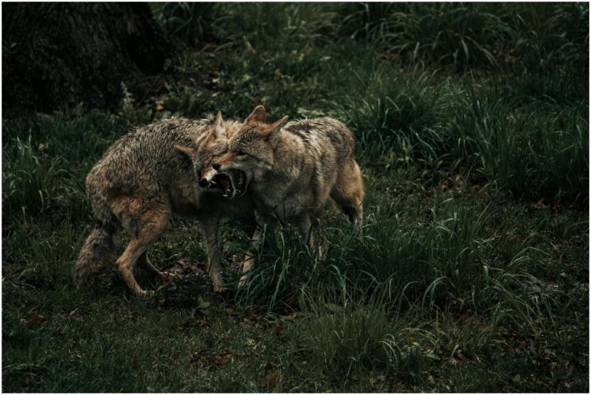 Two coyotes playfully interacting in a lush grassy