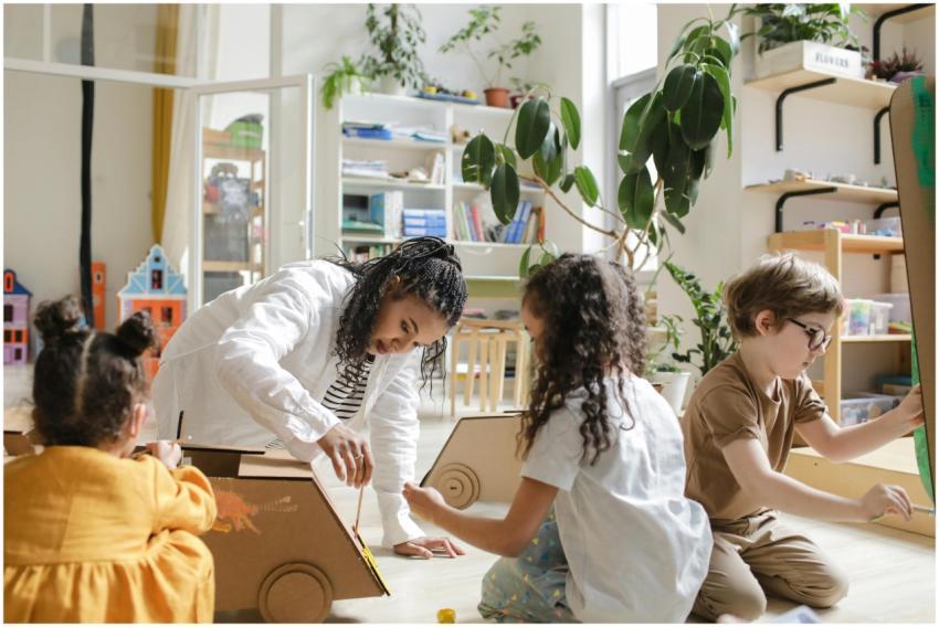 Children engaging in a creative art project with a