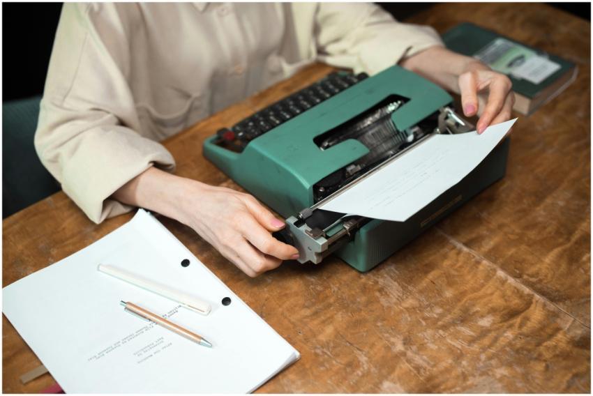 Close-up of hands using a vintage typewriter, with