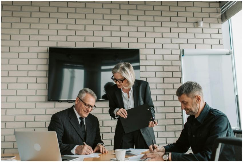 Business professionals collaborating in a modern o