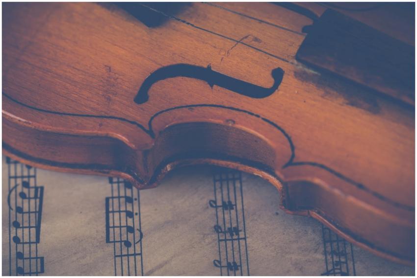 Artistic close-up of a violin on sheet music, high