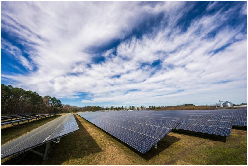 Solar panels spread across a field under a bright