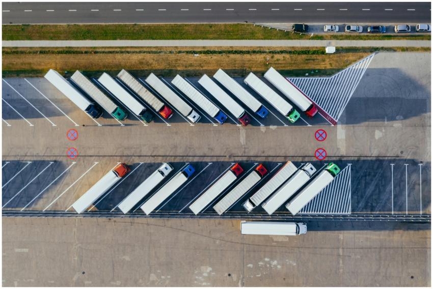Overhead shot of semi-trucks parked in Poznań, Pol