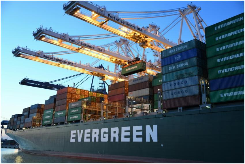 An Evergreen container ship loading at the Port of