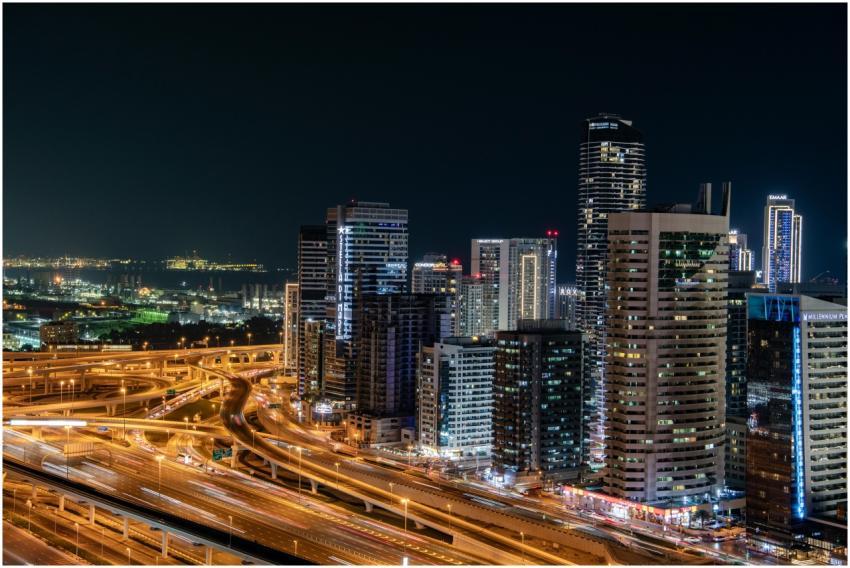 Vibrant night view of Dubai's modern skyline with