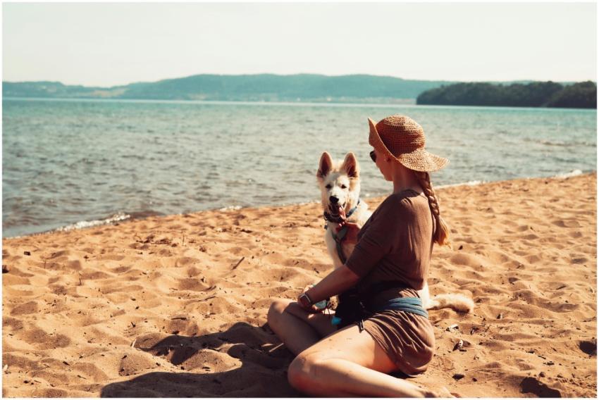 A woman sitting with her dog on the sandy beach of