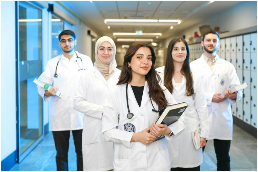 Group of diverse medical students wearing lab coat