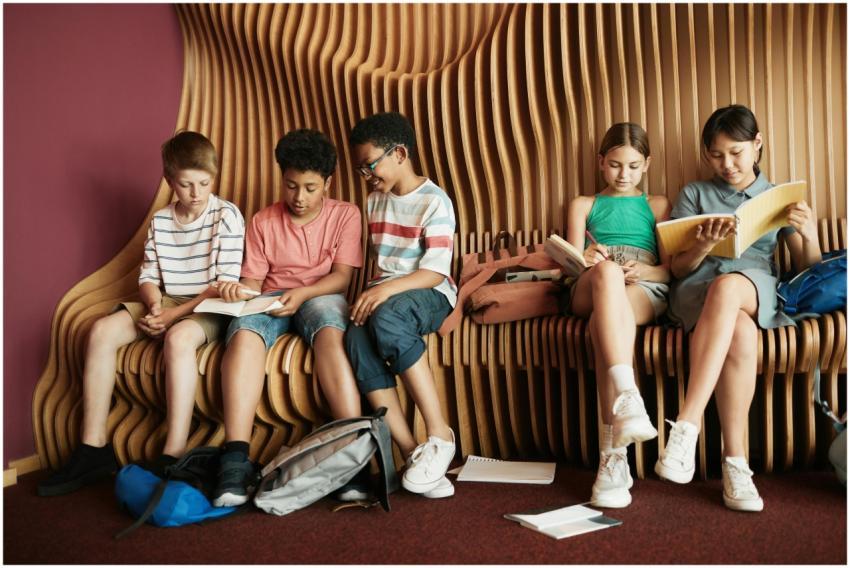 Diverse group of children reading books on a styli